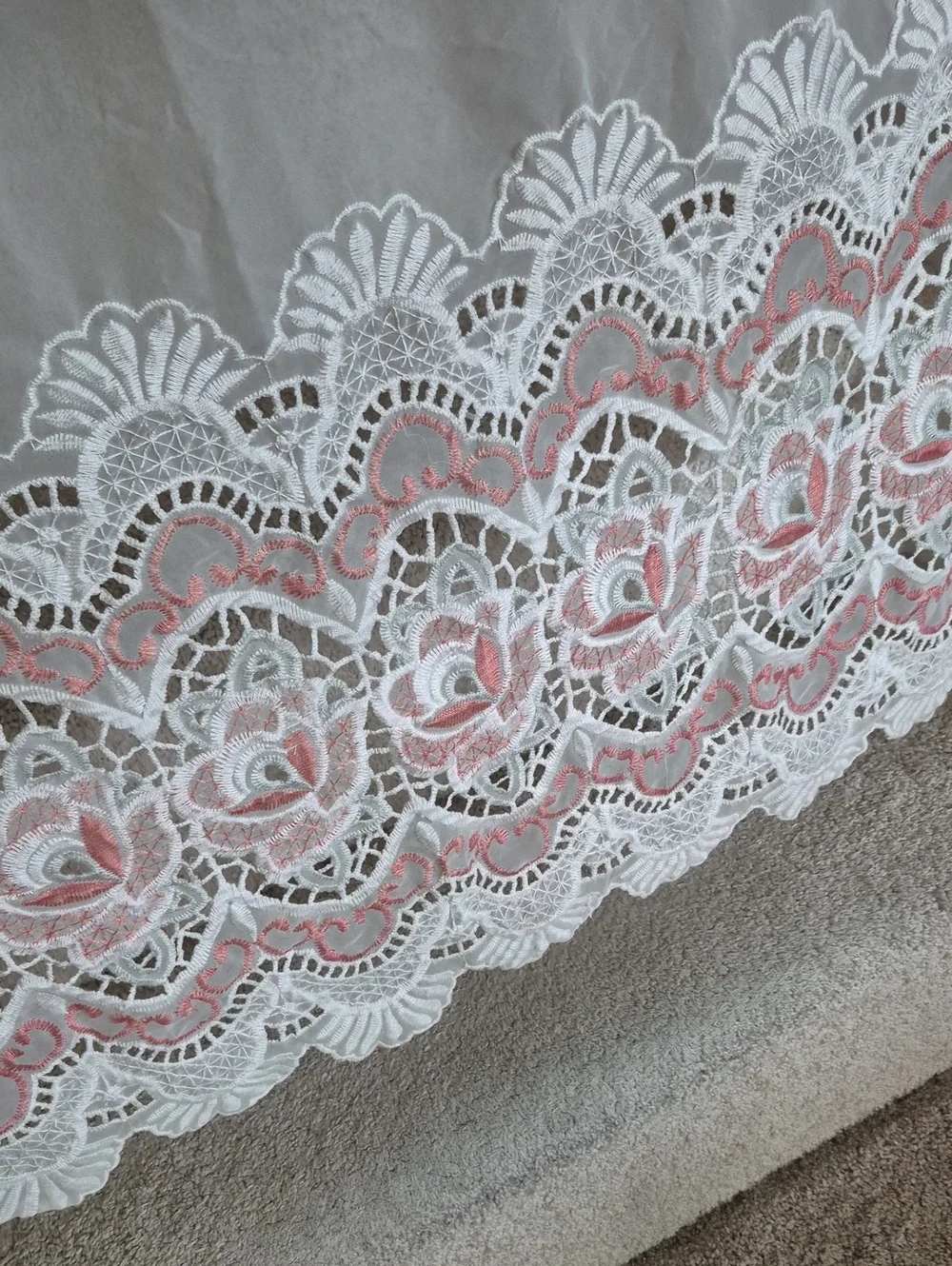 White Sheer Panel with Dark Rose Lace Floral Border 30x35